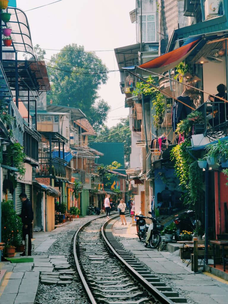 Train tracks running through Hanoi, the capital of Vietnam